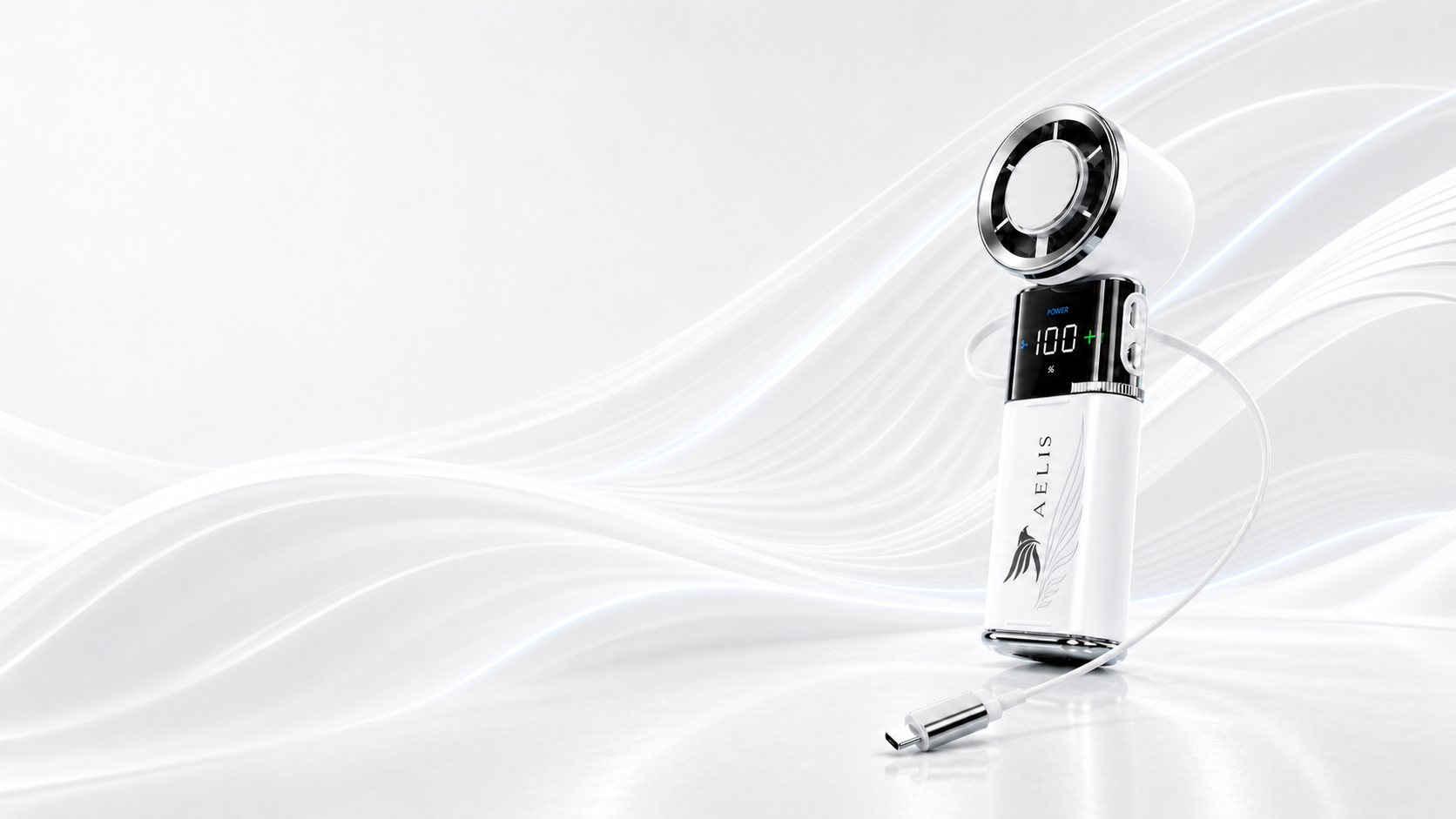 AELIS Performance fan in a white wave studio setting