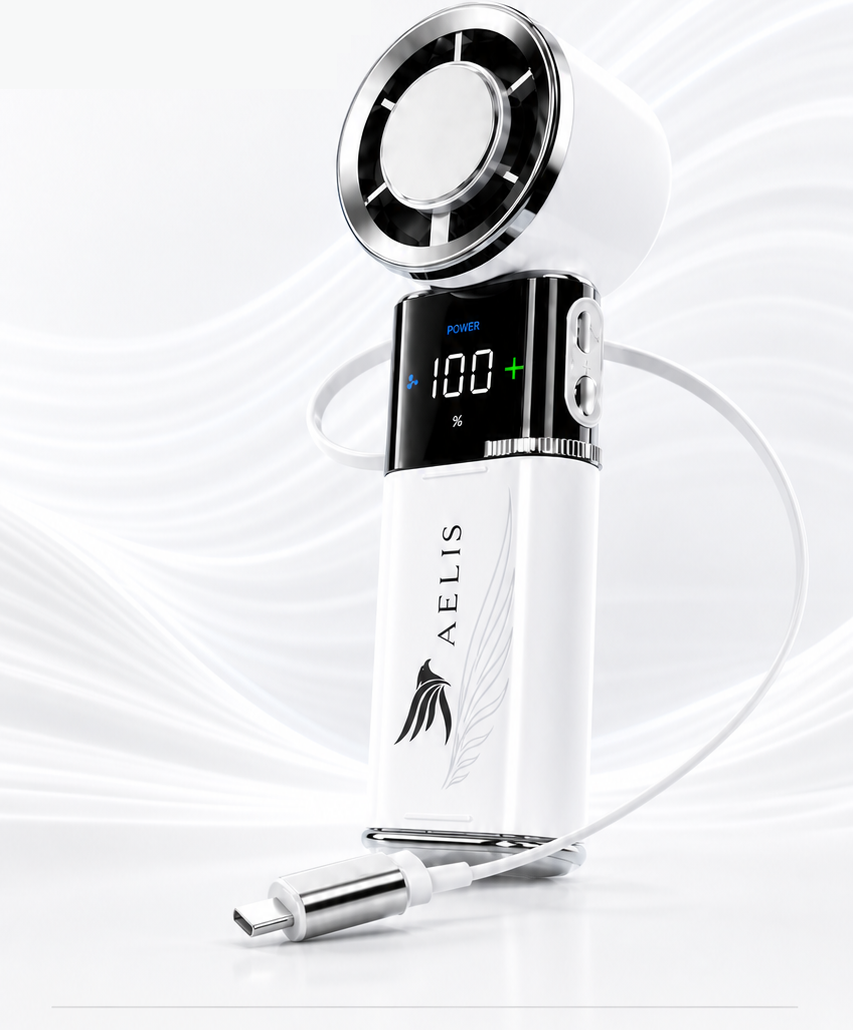 AELIS Performance fan in a white wave studio setting